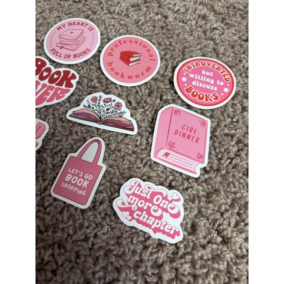 Lot of 9 bookish sticker pack pink theme floral hearts book lover introvert - Picture 2 of 4
